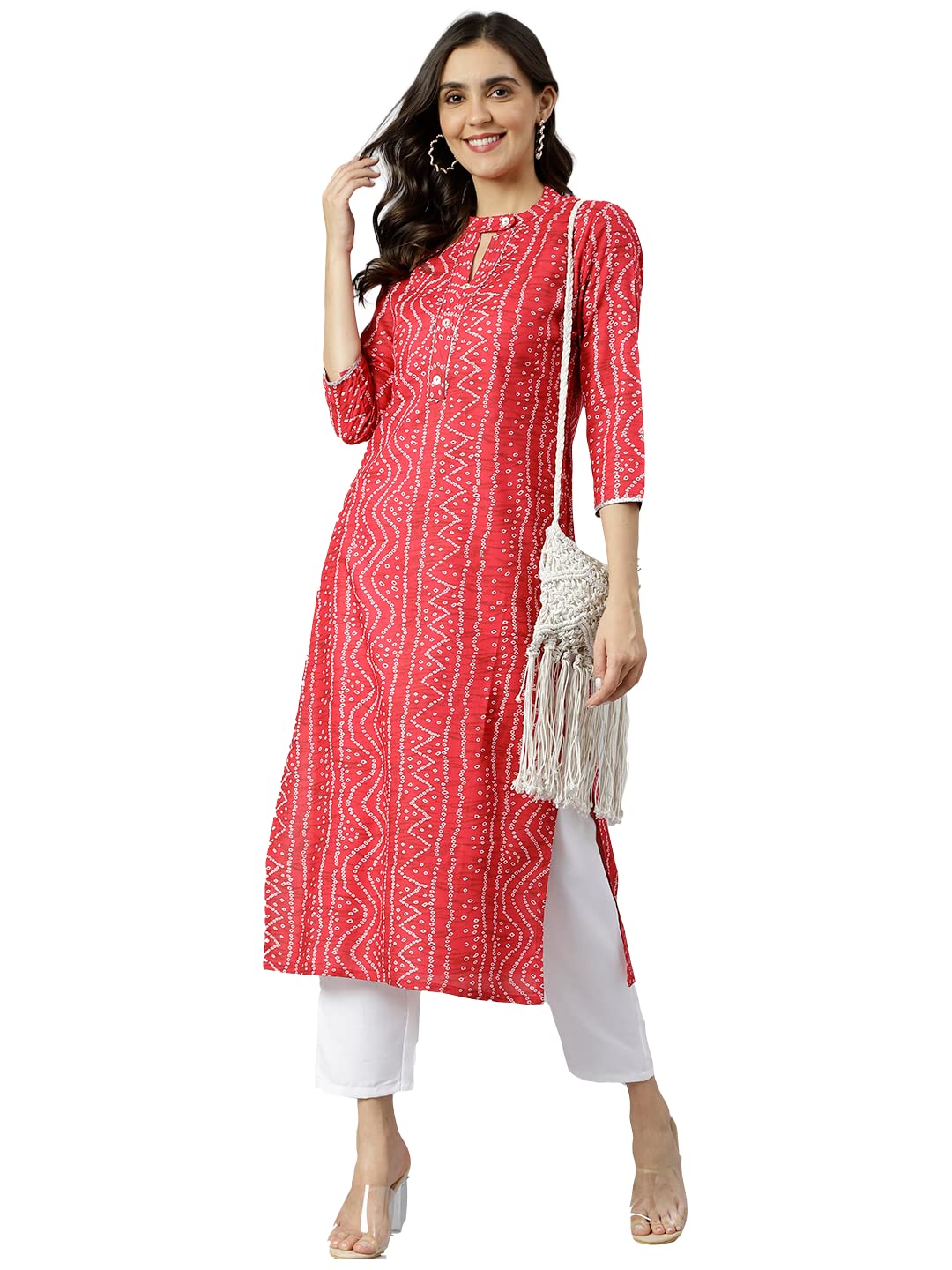 ANNI DESIGNER Women's Cotton Blend Straight Bandhi Printed Kurta (Bandhu Red_XL_Red_X-Large)