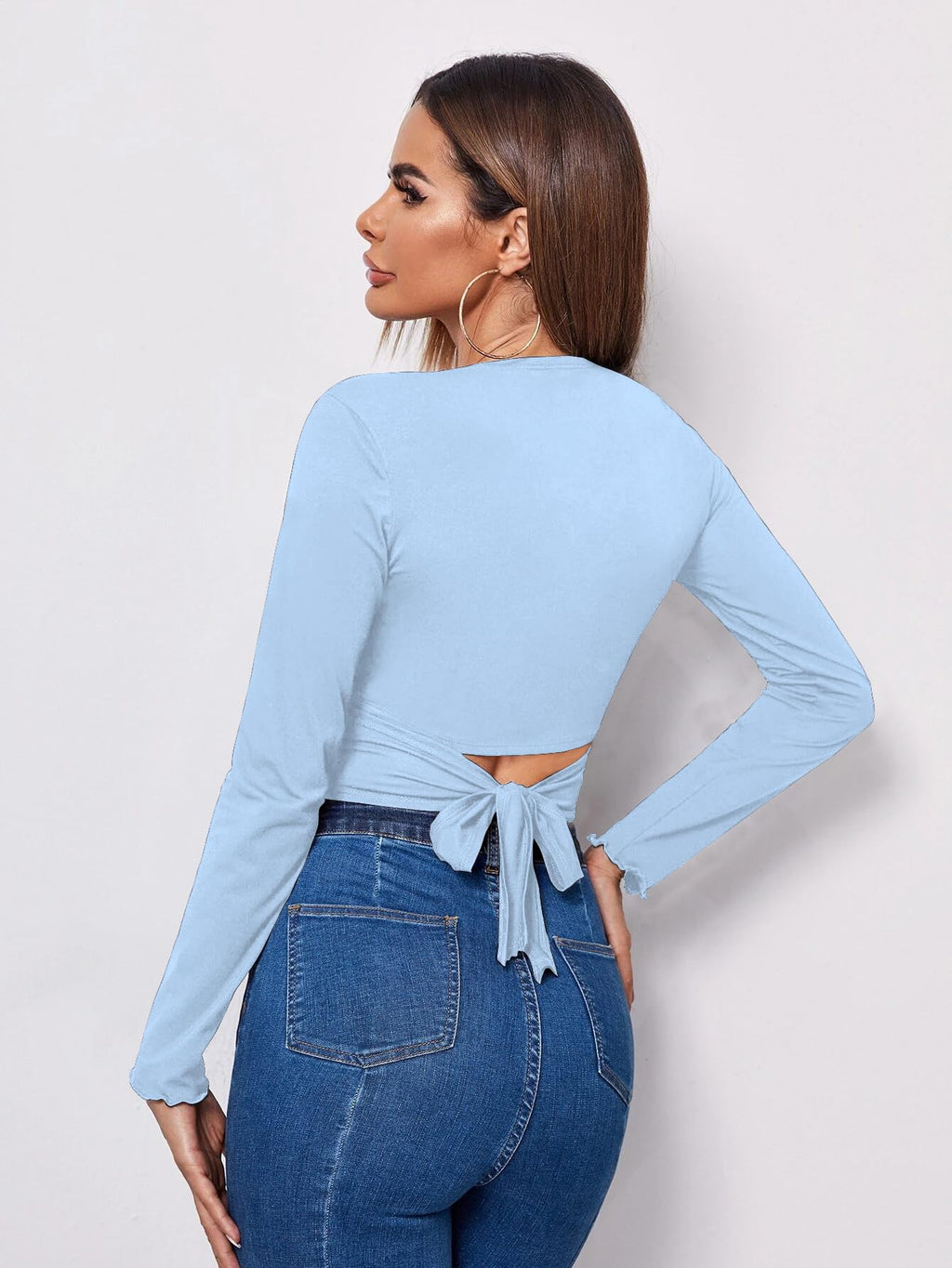 AVANOVA Womens & Girls Sky Blue Full Sleeve, V-Neck, Ruched Bust Solid Tops for Women/Tops, T-Shirts for Girls (TOP 64 Sky Blu