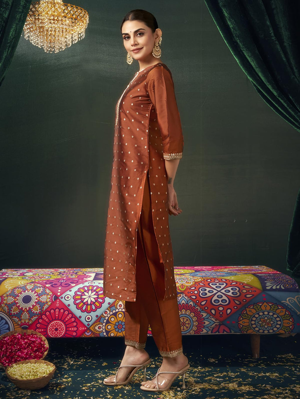Sanisa Womens Silk Blend Jacquard and Sequins Embroidery Lace Straight Kurta with Pant and Dupatta Set