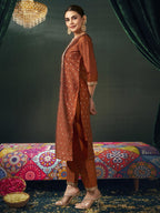 Sanisa Womens Silk Blend Jacquard and Sequins Embroidery Lace Straight Kurta with Pant and Dupatta Set