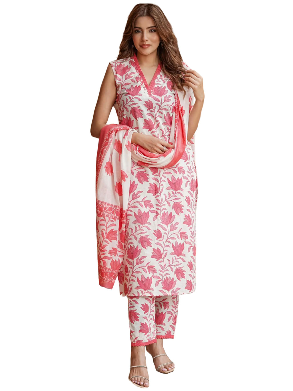 ANNI DESIGNER Womens Cotton Blend Printed Straight Kurta with Pant & Dupatta (Root Pink_XL_Pink_X-Large)