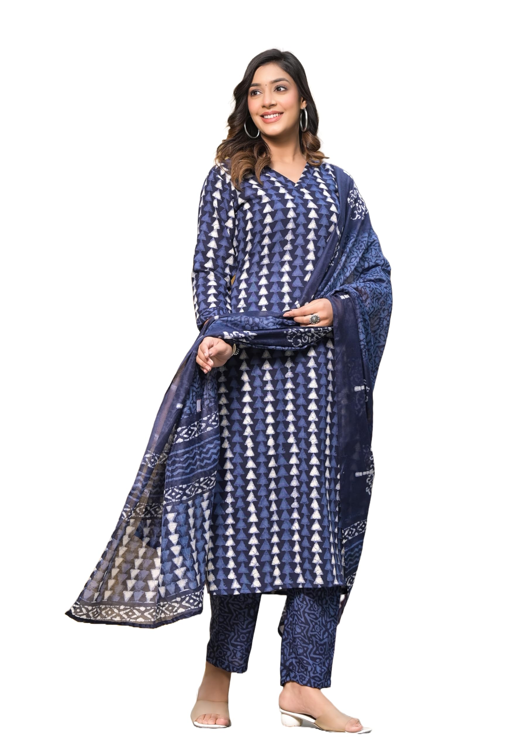 KLOSIA Women Shibori Printed Kurta and Pant Set with Dupatta (Small) Indigo Blue