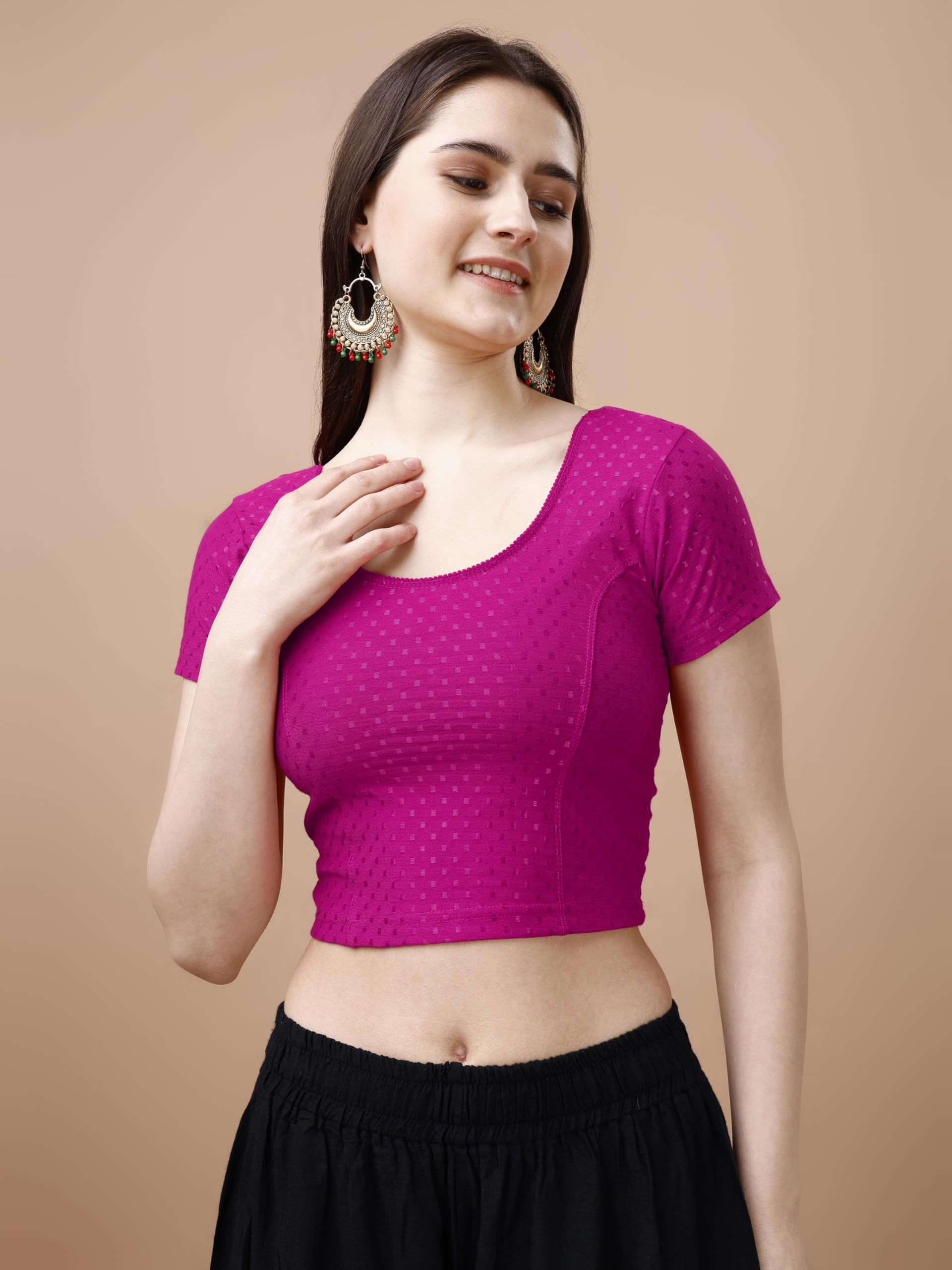 Pujia Mills WomenS Readymade Dobby Cotton Lycra Stretchable Round Neck Short Sleeve Blouse Fancy Pink Color Lycra Stretchable B