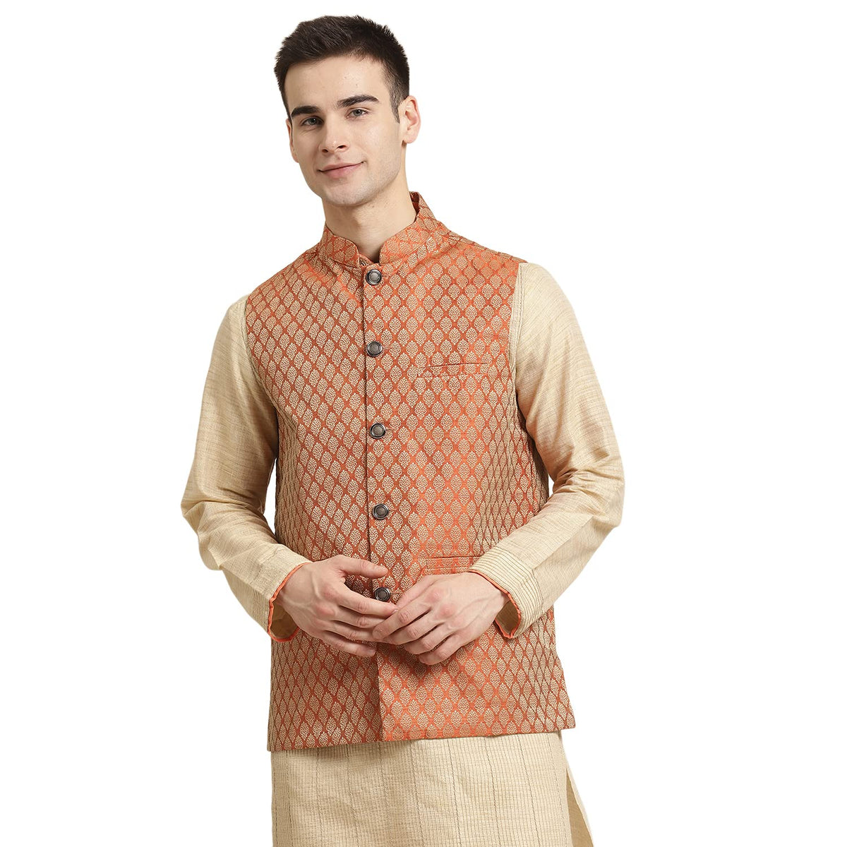 SOJANYA (Since 1958, Mens Jacquard Silk Orange Self Design ONLY Nehrujacket, Size: 36