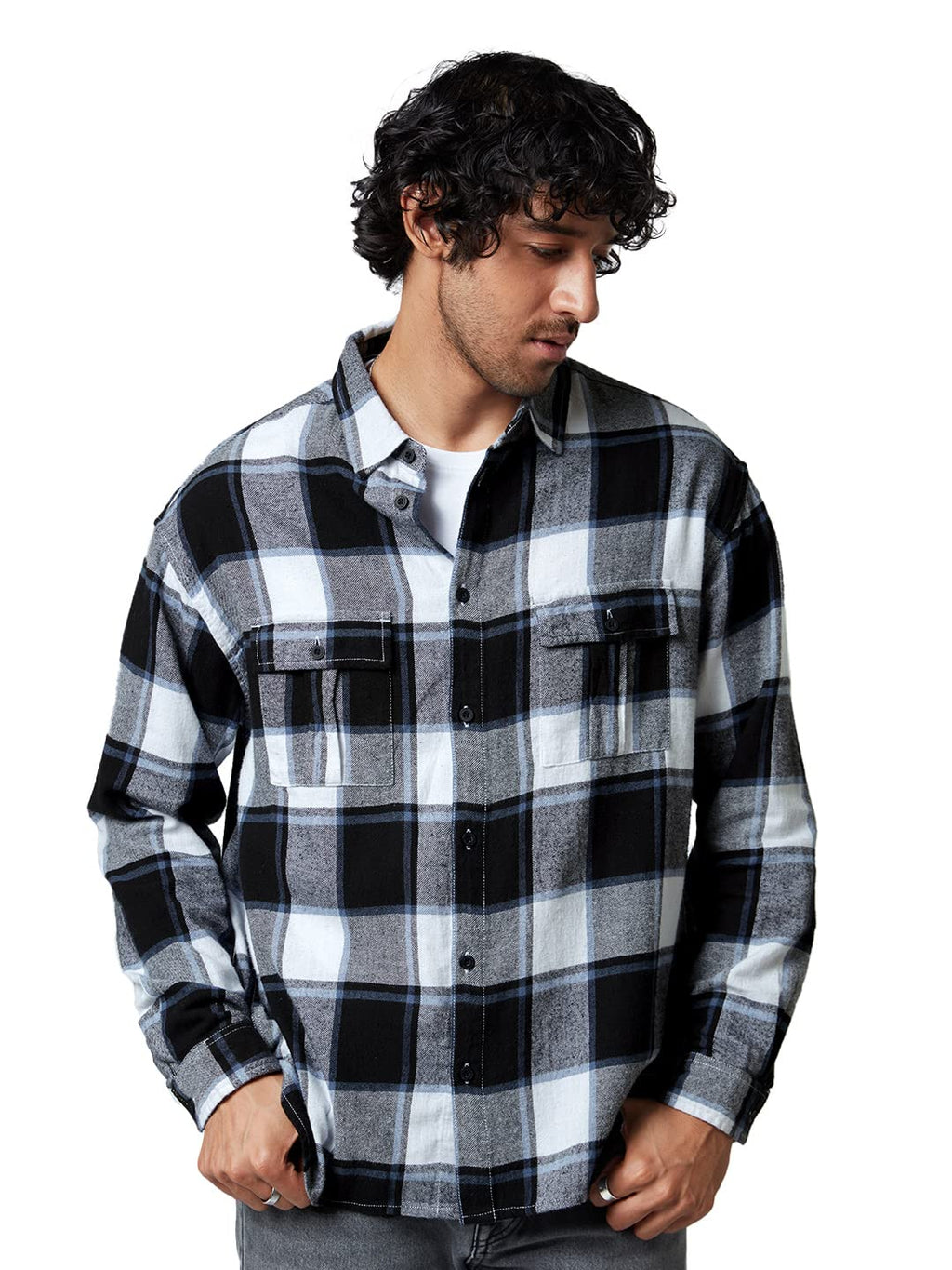The Souled Store|Plaid: Grey White Mens and Boys Shirts|Full Sleeve|Regular fit Solid |100% Cotton Grey White Color Men Utility 