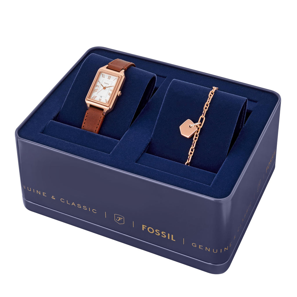 Fossil Women's Raquel Three-Hand Date Medium Brown Leather Watch and Bracelet Set