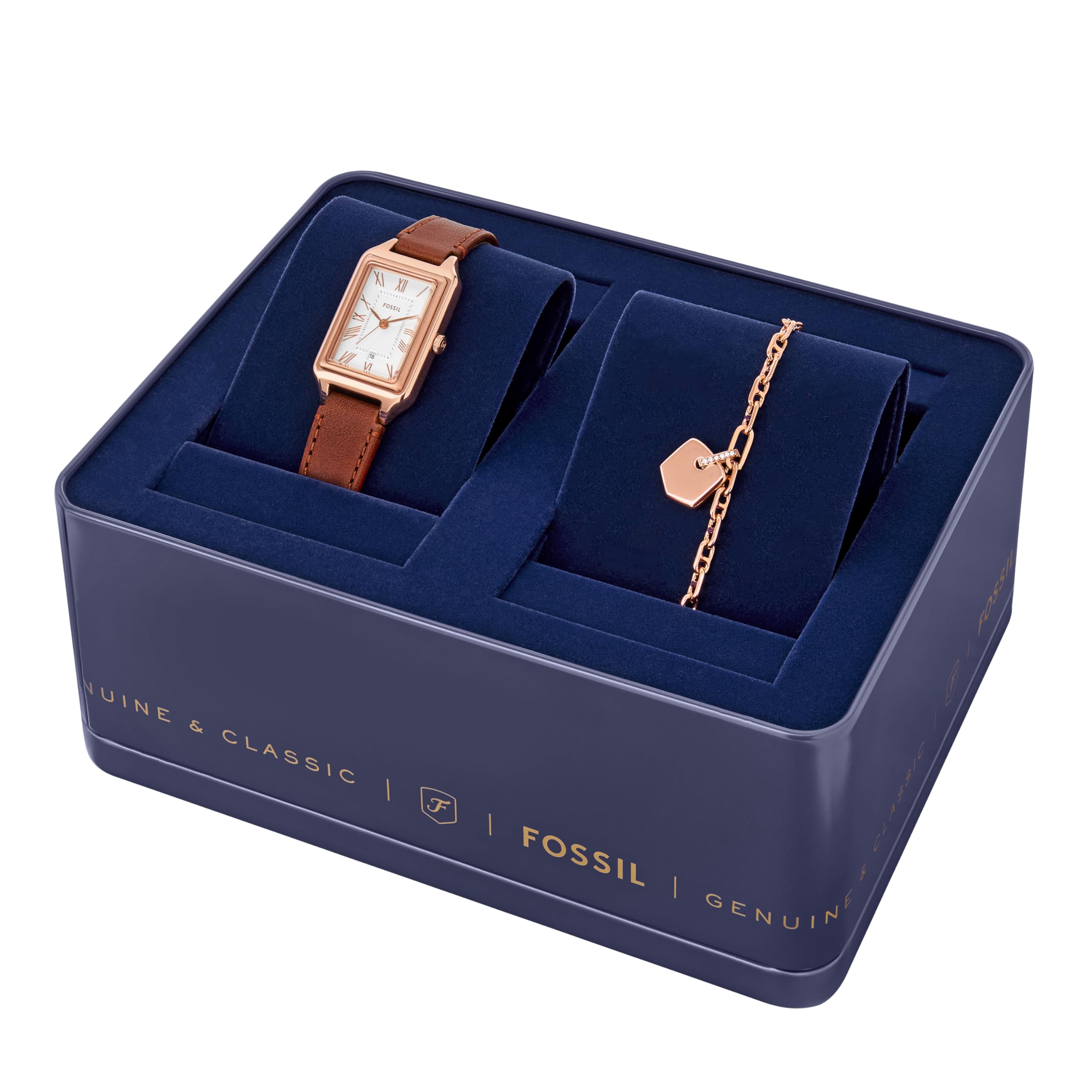 Fossil Women's Raquel Three-Hand Date Medium Brown Leather Watch and Bracelet Set