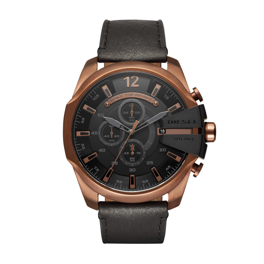 Diesel Mega Chief Stainless Steel and Leather Chronograph Men's Watch, Color: Rose Gold, Black (Model: DZ4459)