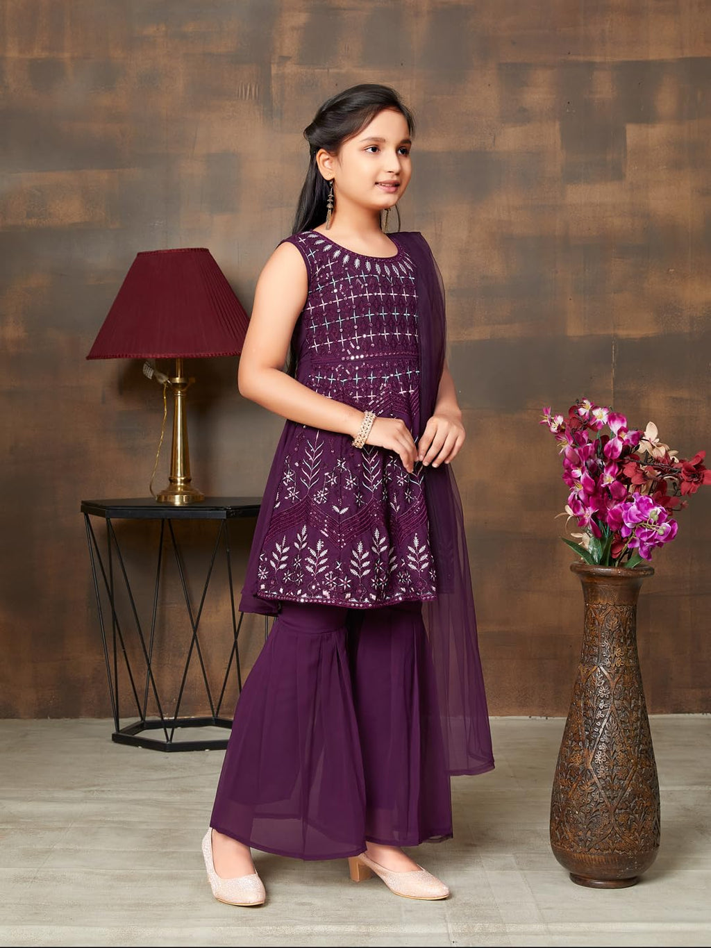 Aarika Girls Ethnic Wear Purple Colour Sequin Embroidery Georgette Kurti Sharara Set (4-10 Years)