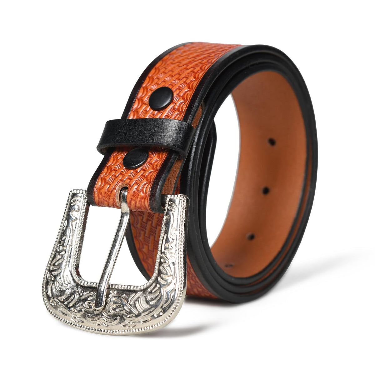 Mahetri Classic Western Genuine Leather Belt (Upto 44) With Stylish Black Border | Designer Heavy Buckle | Adjustable Fit (44) 44