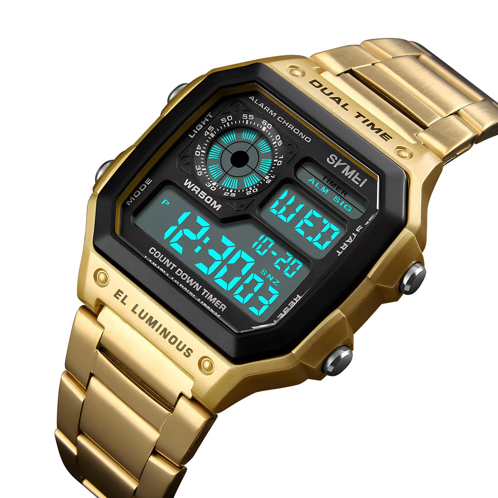 PASOY Men's Gold Digital Watches for Men Stainless Steels Alarm Stopwatch Countdown Outdoor Sports Waterproof Watch (Gold)