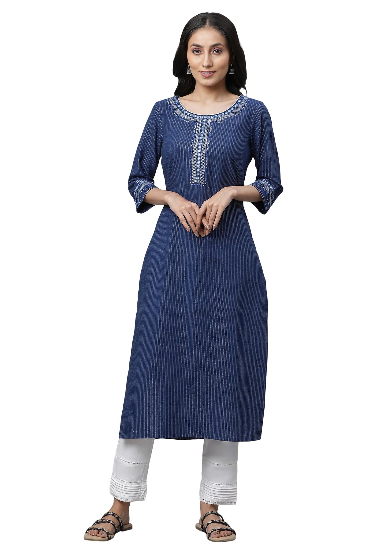 Aurelia WomenS Blue Stripes Yarn Dyed Yarn Dyed Lurex Straight Kurta_23Aua14423-704549_M