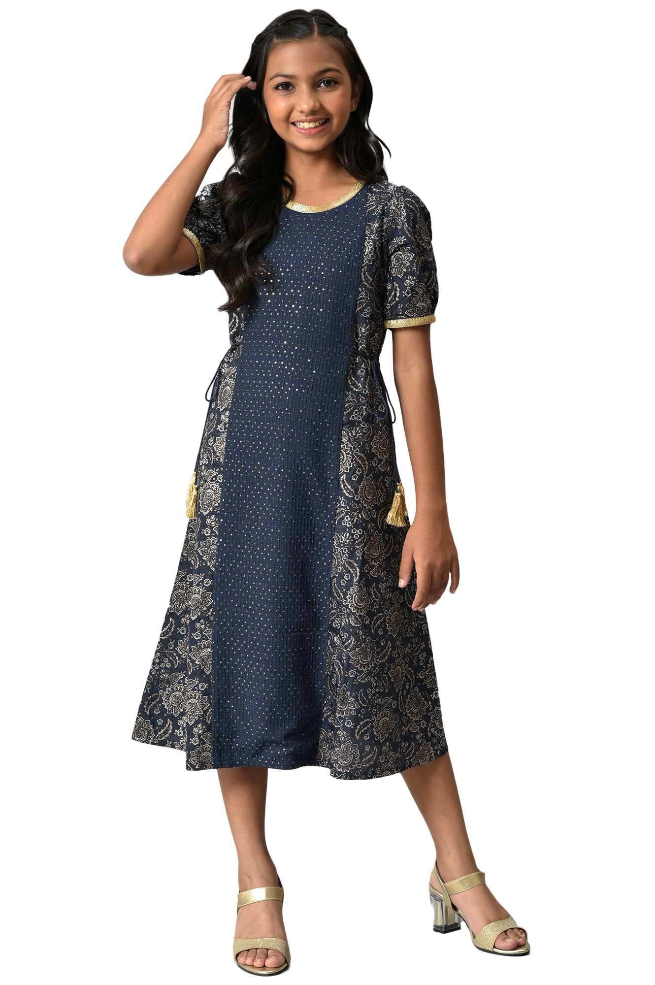 Aurelia Girls Polyester Fit and Flare Knee-Length Casual Dress (22AUG10215A-604504_Blue