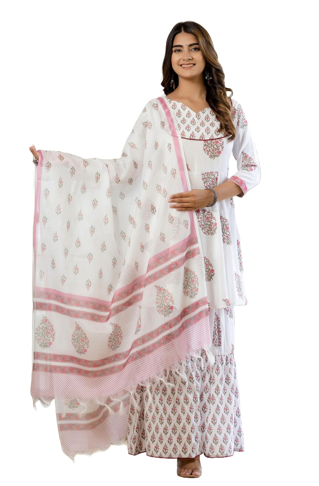 KLOSIA Women Angarakha Kurta and Sharara Set with Dupatta (Medium) White
