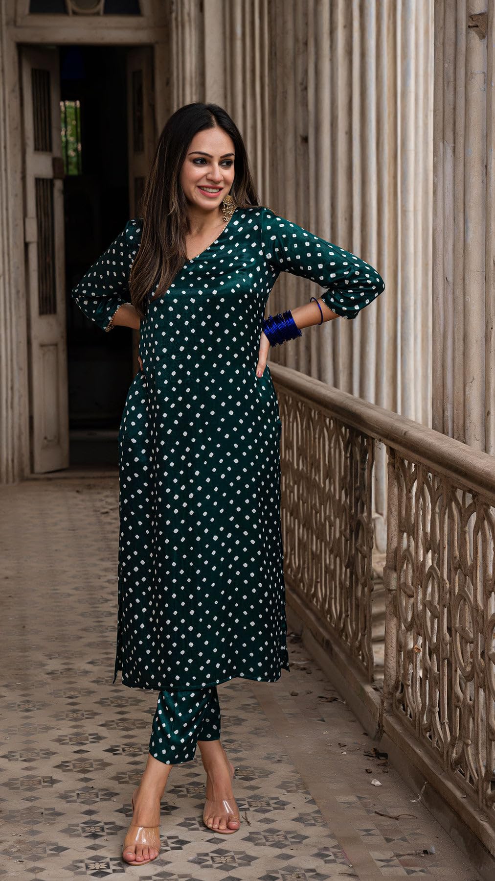 ANNI DESIGNER Ladies Rayon Printed Kurta with Trousers, green, L