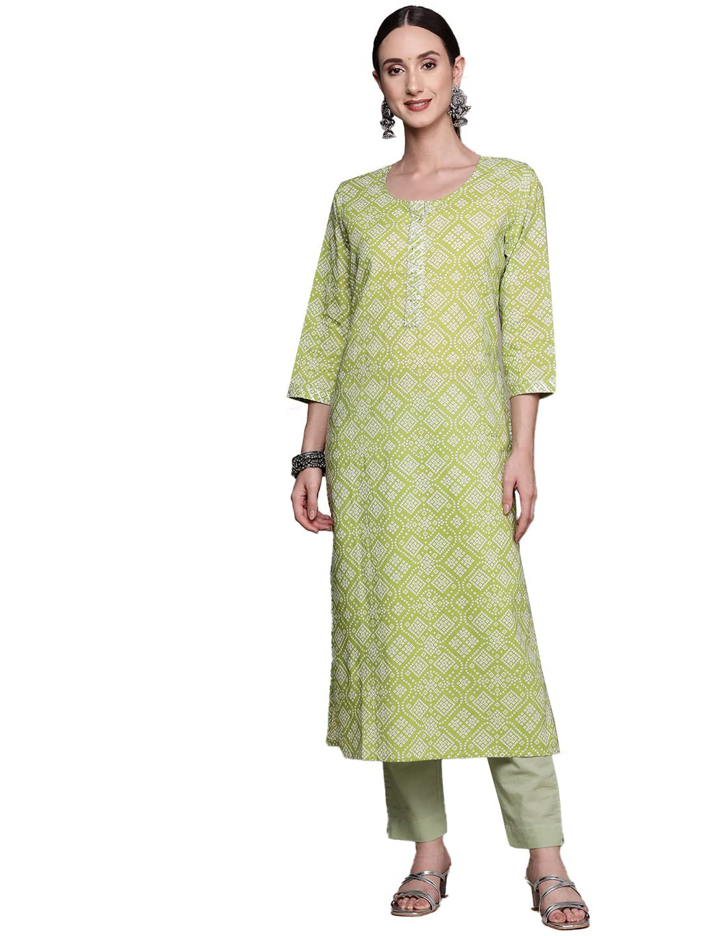 Ishin Women'S Cotton A-Line Printed Gotta Patti Bandhani Print Green Kurti Inwka0344_Gn_S_Green
