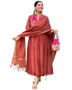 ANNI DESIGNER Womens Rayon Viscose Embroidered Anarkali Kurta with Pant & Dupatta (BRICS Rust_L_Rust_Large)