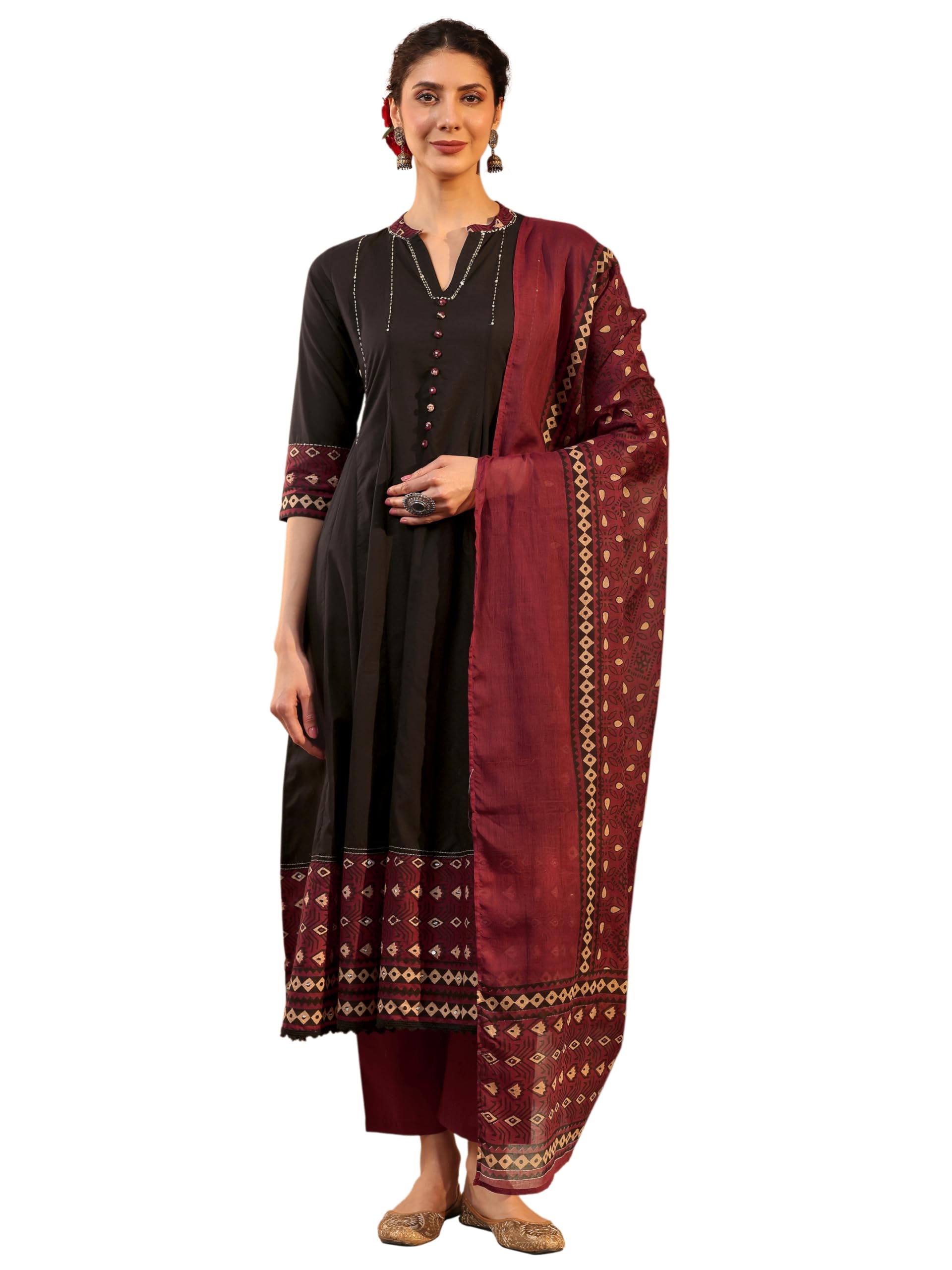 Libas Solid Cotton A-Line Kurta With Trousers And Dupatta-93275Xxl