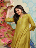 Ishin Mustard A-Line Kurta Set With Printed Floral Dupatta | Kurta Set For Women | Kurta With Trousers And Dupatta