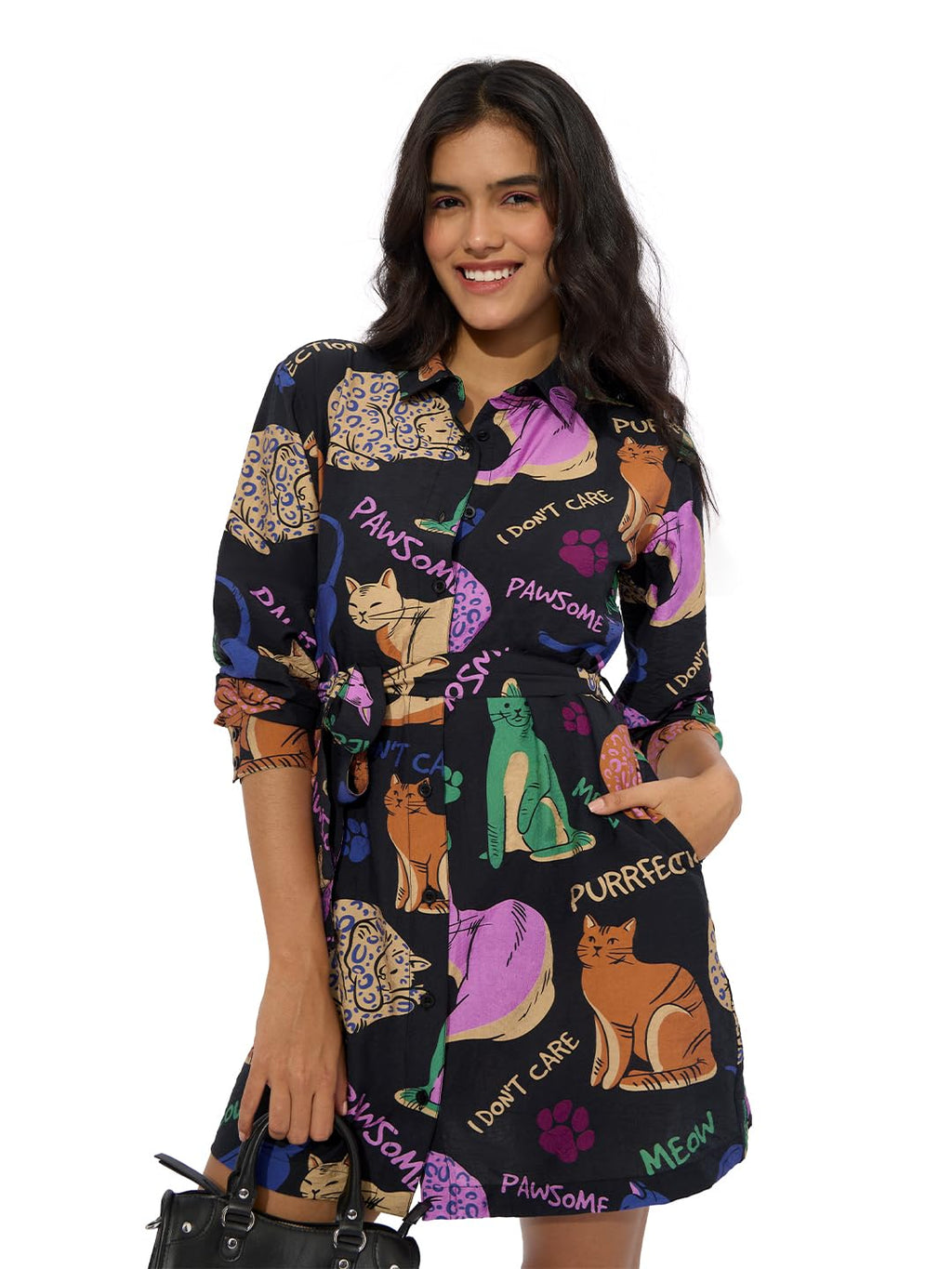 The Souled Store Bad Kitty Women And Girls Long Sleeves Collared Neck Button Front Viscose Blend All Over Printed Shirt Dresses 