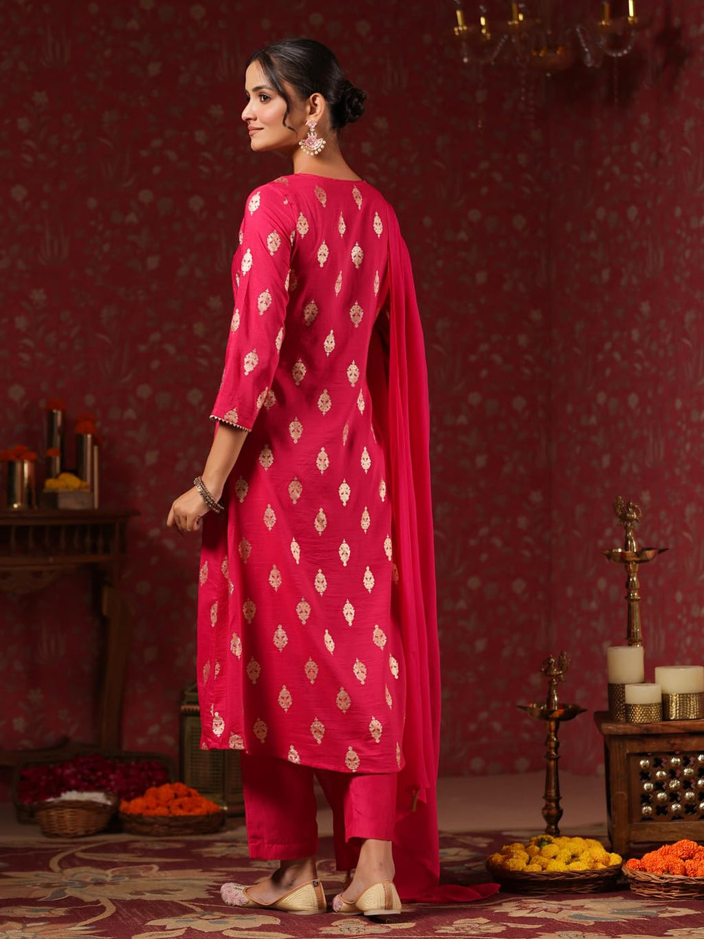 Ishin WomenS Magenta Foil Print Zari Work A-Line Kurta Suit Set With Trousers & Dupatta