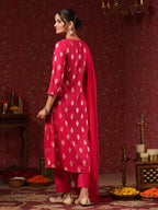 Ishin WomenS Magenta Foil Print Zari Work A-Line Kurta Suit Set With Trousers & Dupatta