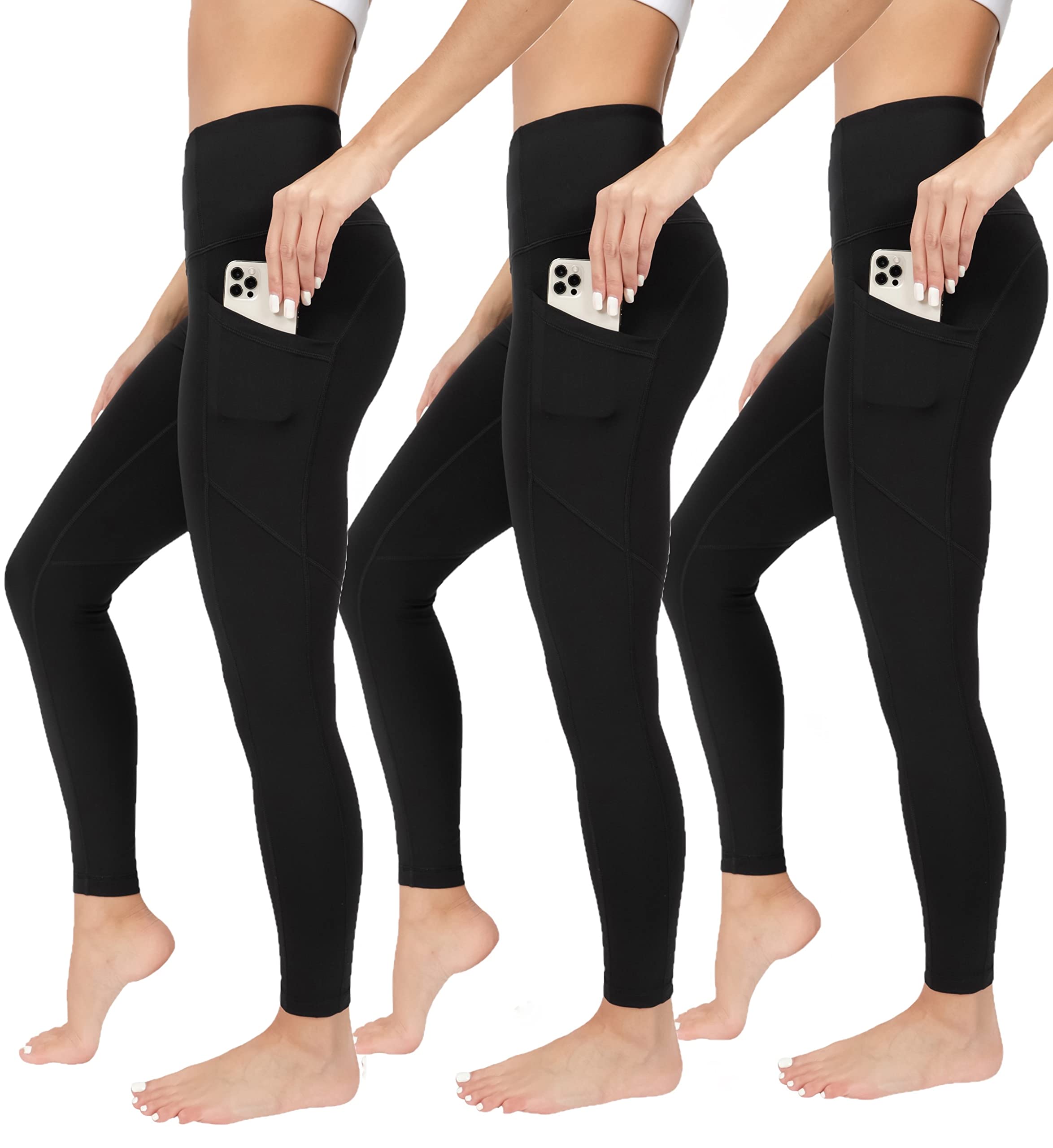 90 Degree By Reflex Power Flex Yoga Pants - High Waist Squat Proof Ankle Leggings with Pockets for Women - Black 3 Pack - Small