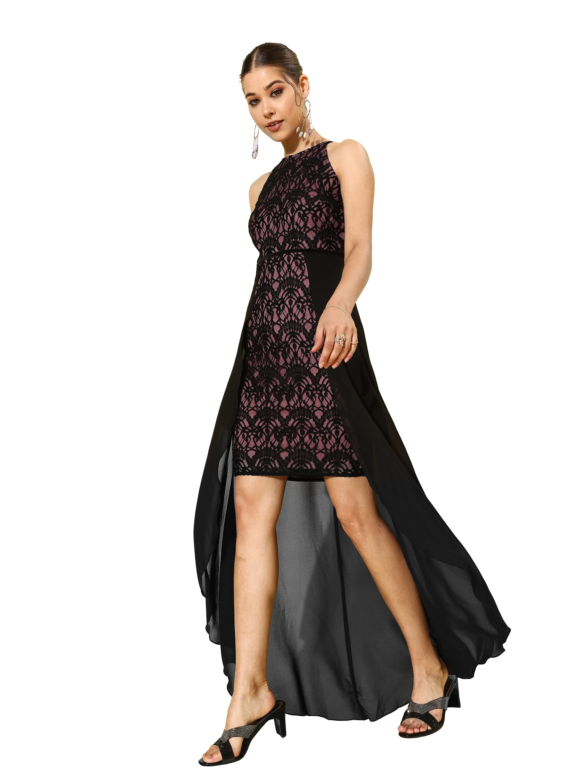 Miss Chase Womens Black & Dusty Lavender Round Neck Sleeveless Lace-Overlaid Knee-Long Dress(MCSS22D13-66-262-06, Black & Dusty