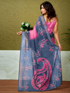 Satrani WomenS Linen Zari Border Printed Ready To Wear One Minute Pre Pleated Readymade Saree With Unstitched Blouse Piece (34R