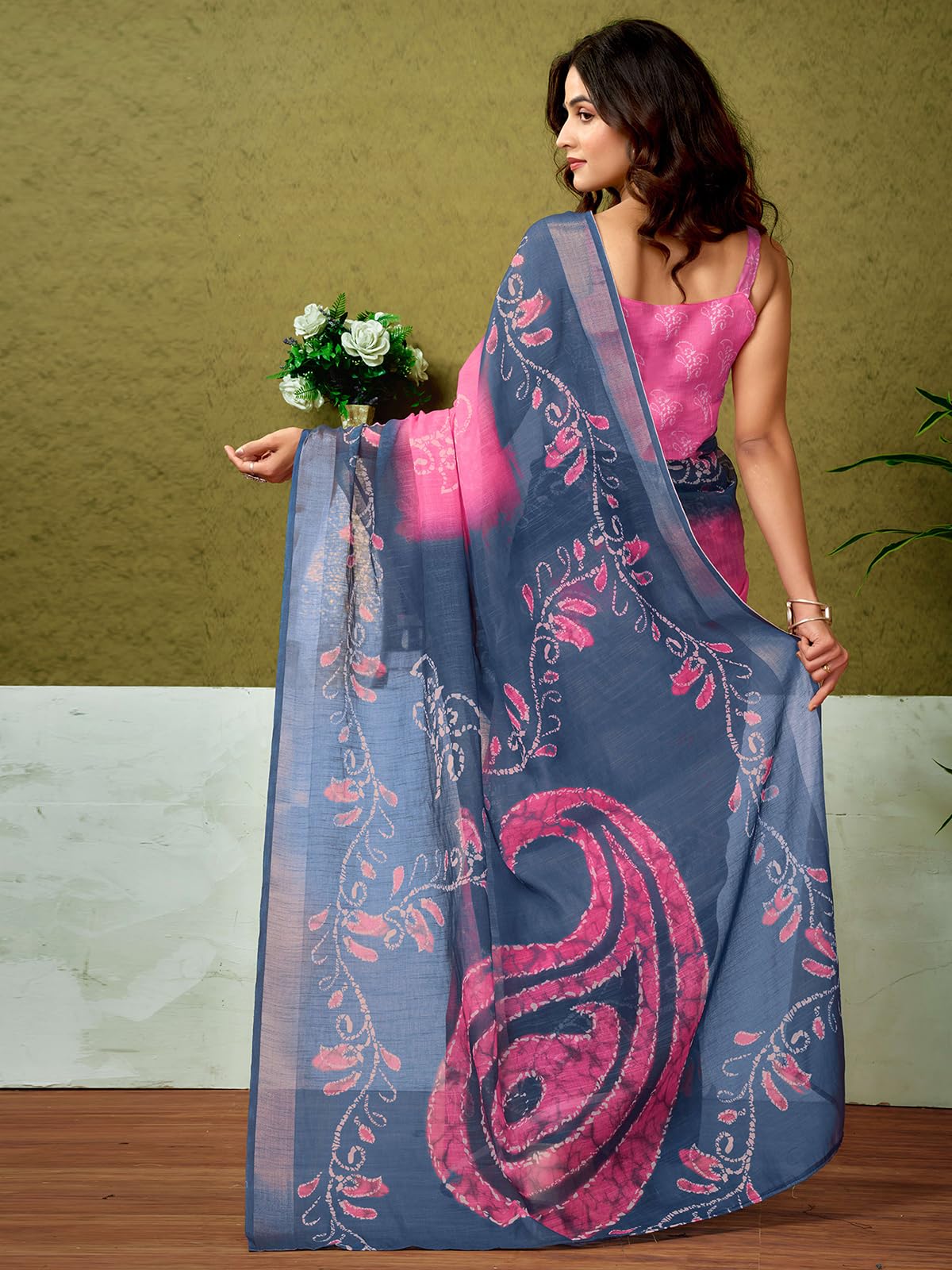 Satrani WomenS Linen Zari Border Printed Ready To Wear One Minute Pre Pleated Readymade Saree With Unstitched Blouse Piece (34R