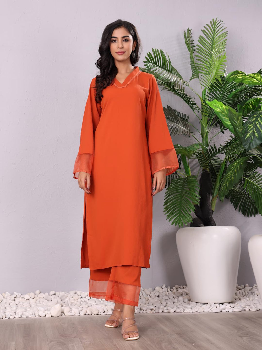 Varanga Women'S Rust Straight Kurta With Tonal Bottom  Elegant Camel Brown Kurta With Relaxed Fit, Comfortable Bottom