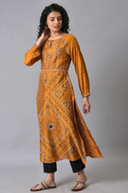 W For Woman Dark Yellow Ethnic Motif Long Kurta With Coins
