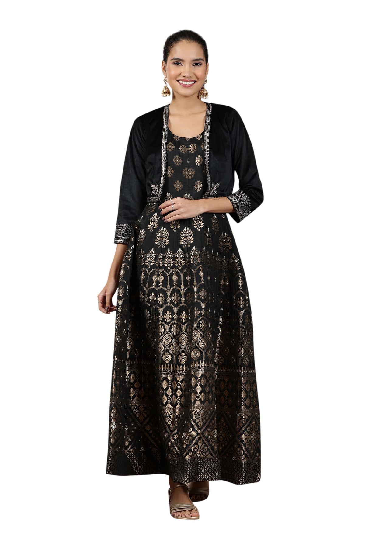 Aurelia Womens Black Yarn-Dyed Sleeveless Anarkali Dress and Embroidered Short Jacket Set
