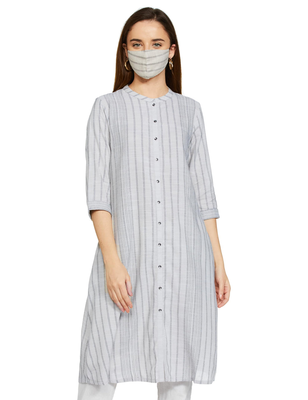 W For Woman Women'S Cotton Blend Striped Regular Kurta (22Few17779-312351_Ecru_M)