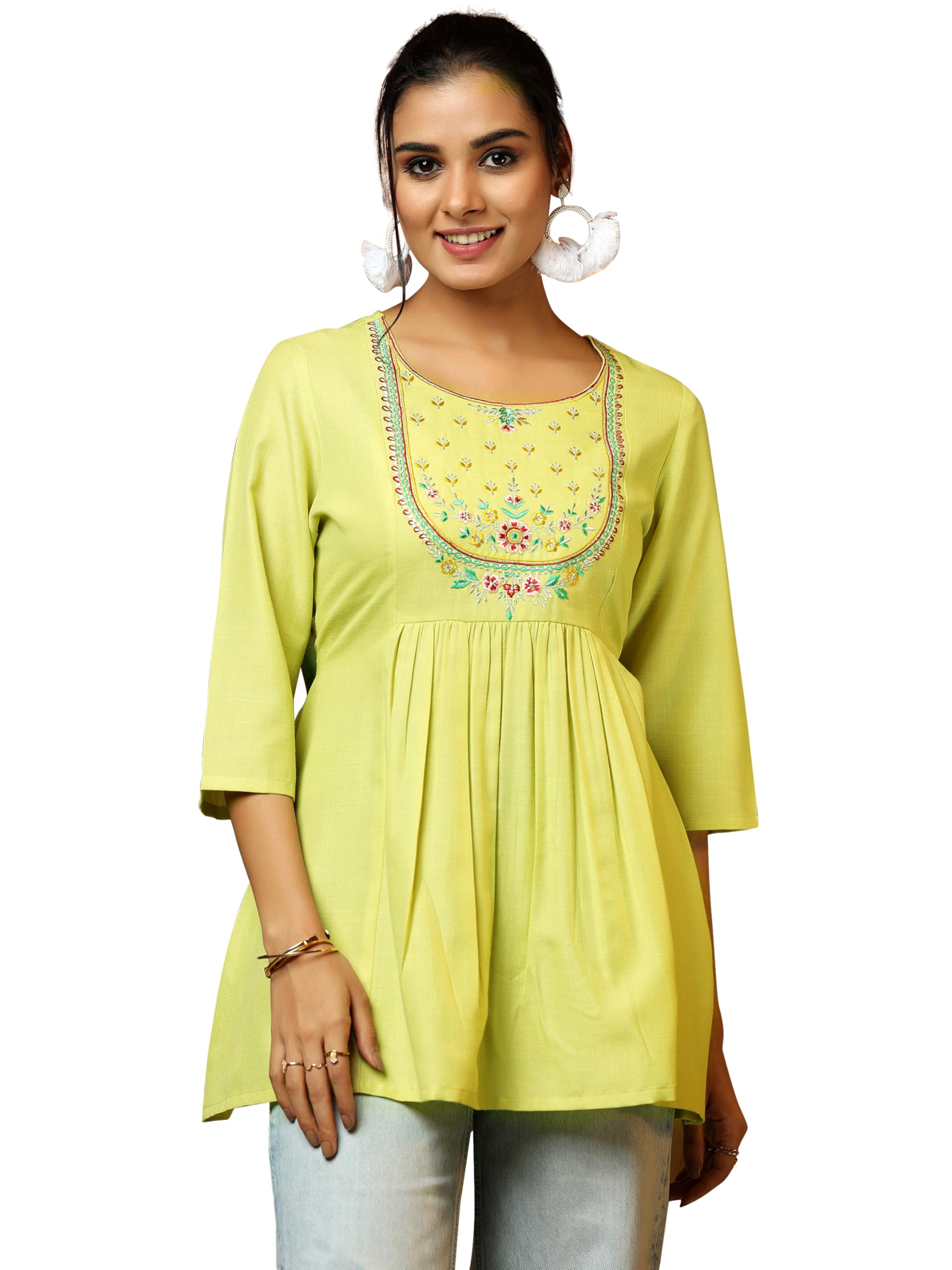 Libas Womens Yoke Design Cotton Blend A-Line Kurti For Women Lime