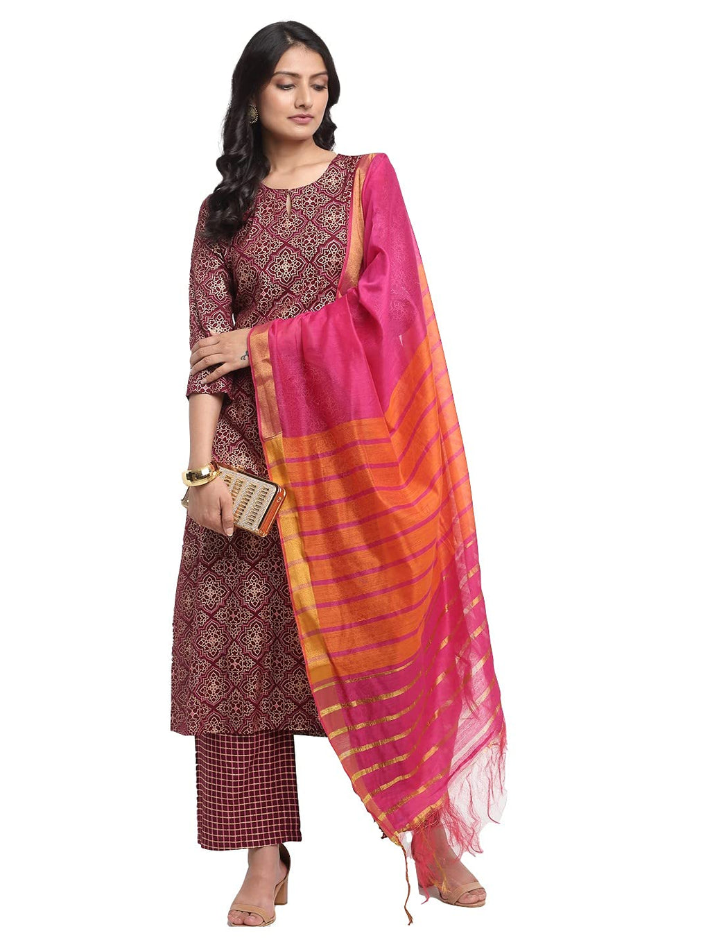ANNI DESIGNER Womens Rayon Cotton Foil Printed Straight Kurta with Palazzo & Dupatta (KSHI Brown_XL_Brown_X-Large)