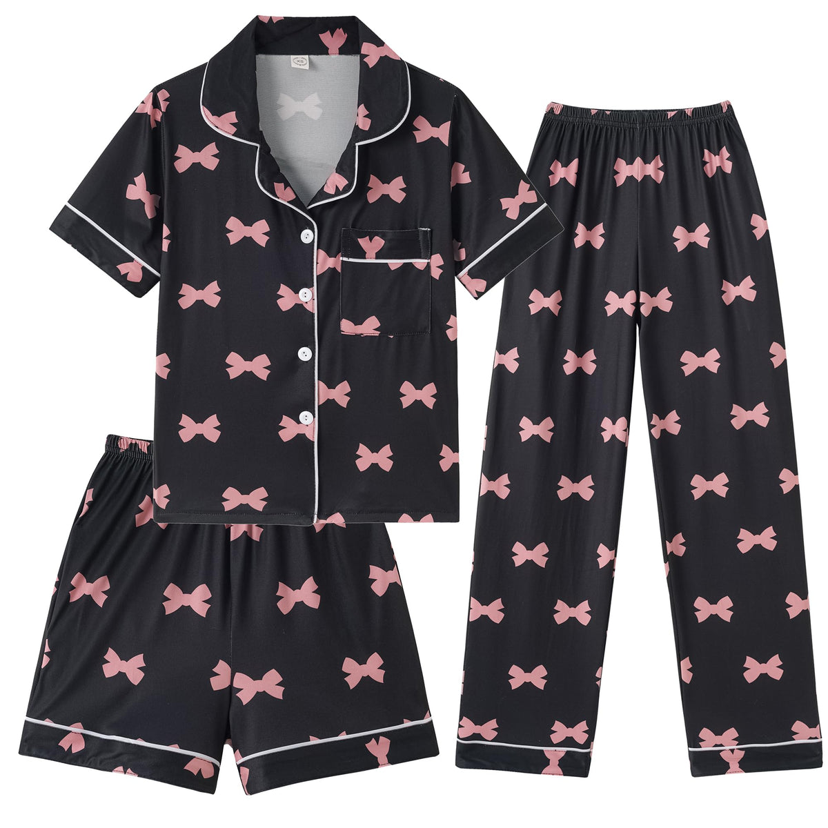 Hupohoi Girls Pajamas Short Sleeve Long Pants and Shorts 3 Piece Sleepwear Button Down Outfit with Pockets Loung Sets, Pink Bowk 14