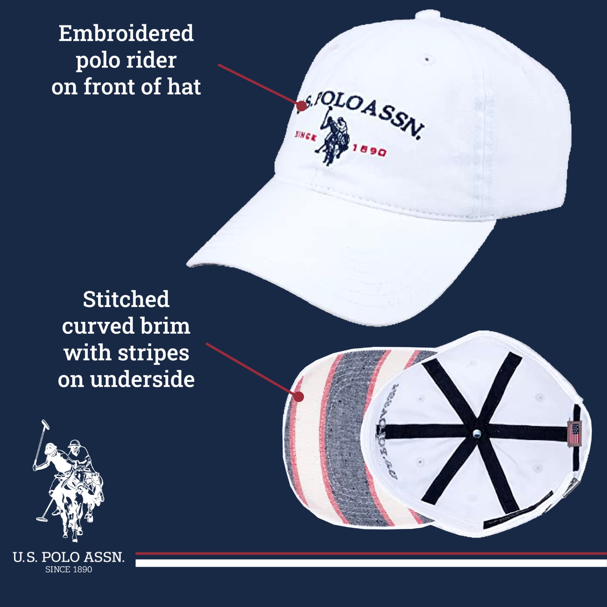 U.S Polo Assn. Embroidered Pony Horse Logo Since 1890 Adjustable Cotton Baseball Hat with Curved Brim, White, One Size