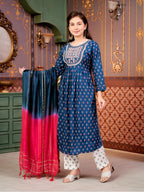 Aarika Girls Ethnic Wear Teal Blue-White Colour Floral Print Rayon Kurti Pant Set-8-15 Years (Kp-Sd-5869)