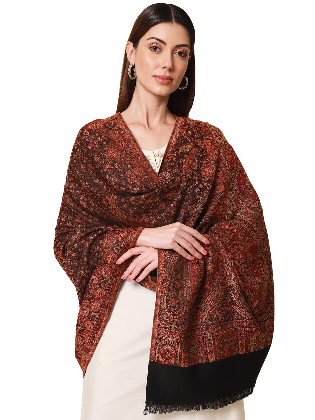 Pashmoda- Womens Faux Pashmina Jamawar Shawl, Wrap (SIZE: 40X80 Inches) (Black)