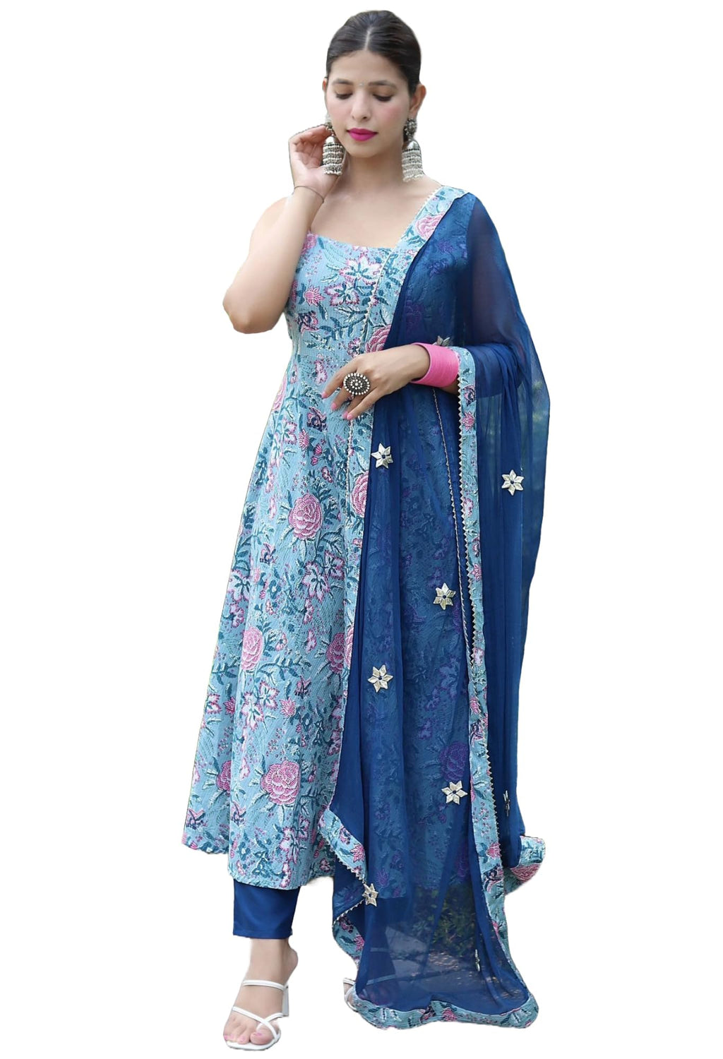 ANNI DESIGNER Womens Cotton Blend Anarkali Printed Kurta with Pant & Dupatta (GOANNI Blue_L_Blue_Large)