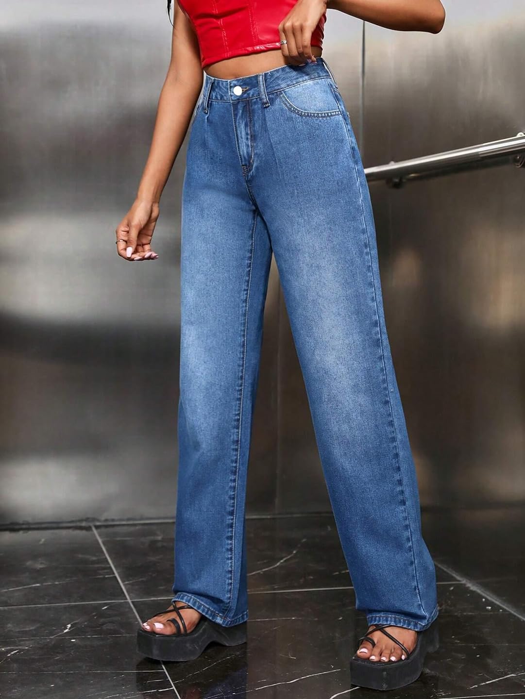 Kotty WomenS Cotton Lycra Blend Relaxed Fit High Rise Jeans(Blue,28)