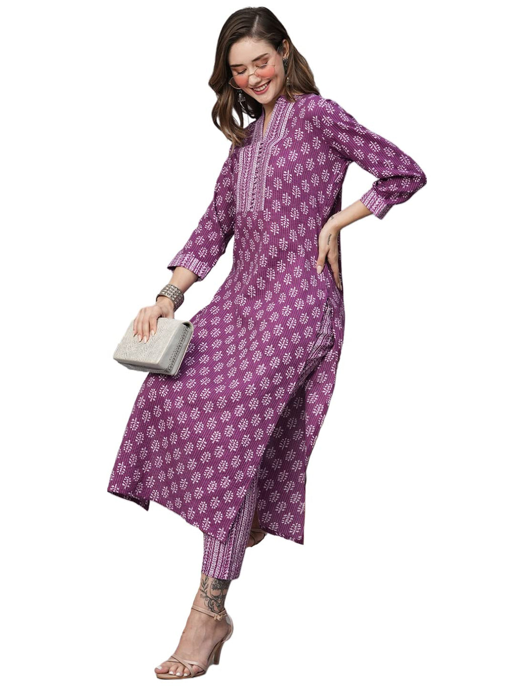 ANNI DESIGNER Womens Cotton Blend Straight Printed Kurta with Pant (Raina Purple-JSW_XL_Purple_X-Large)