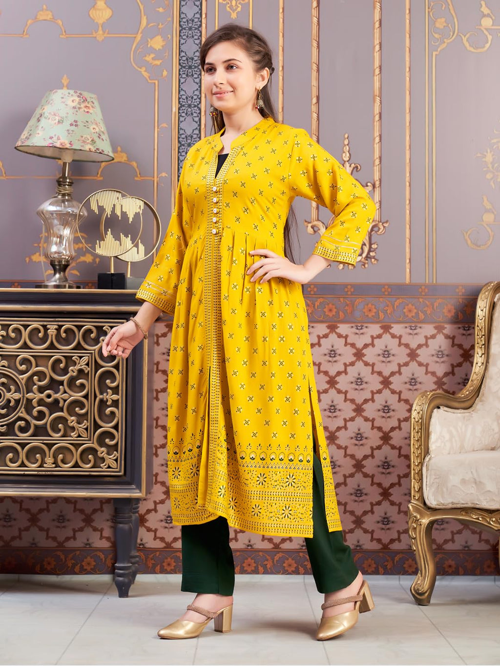 Aarika Girls Ethnic Wear Yellow-Dark Green Colour Foil Print Rayon Kurti Pant Set-8-15 Years (Kp-Sd-5826)