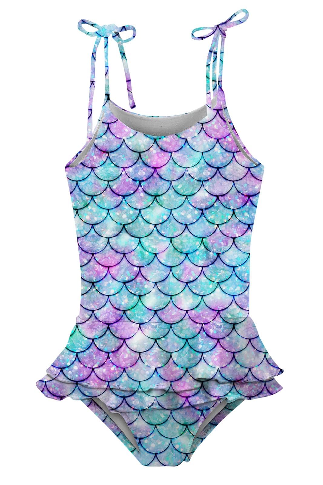 Little Girls Swimsuit 6-8 Years Old One Piece Bathing Suit Quick Drying Mermaid Scales Ruffles Swimwear-New Condition