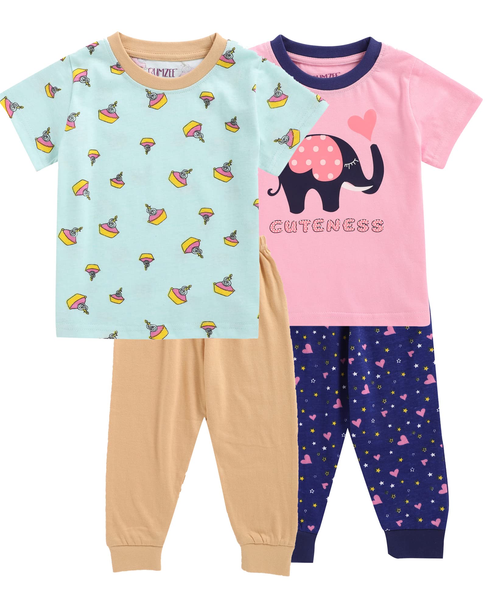 BUMZEE Pink & Sea Green Half Sleeve Baby Girls T-Shirt & Pajama Set Pack of 2 Age - 3-6 Months