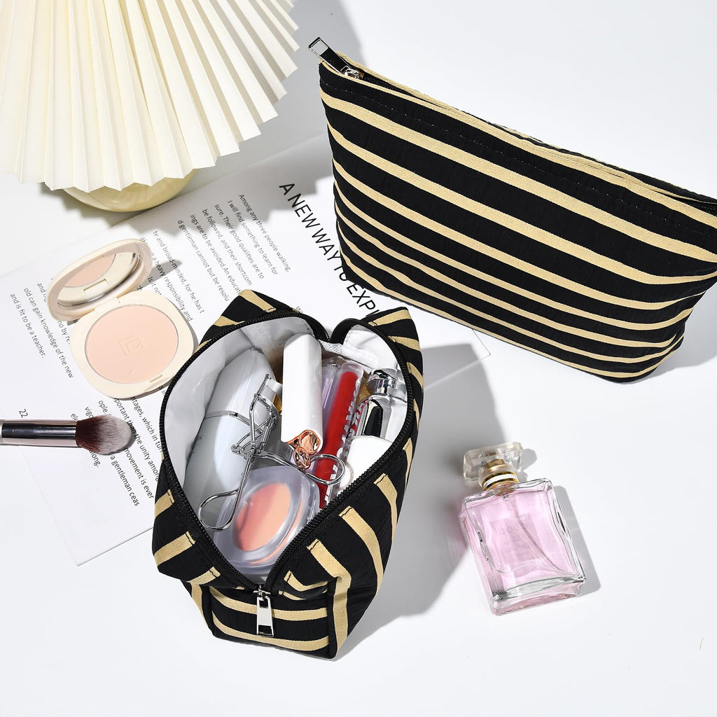 SOIDRAM 2 Pieces Makeup Bag Large Stripe Cosmetic Bag Capacity Canvas Mix Travel Toiletry Bag Organizer Cute Makeup Brushes Aest