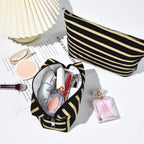 SOIDRAM 2 Pieces Makeup Bag Large Stripe Cosmetic Bag Capacity Canvas Mix Travel Toiletry Bag Organizer Cute Makeup Brushes Aest