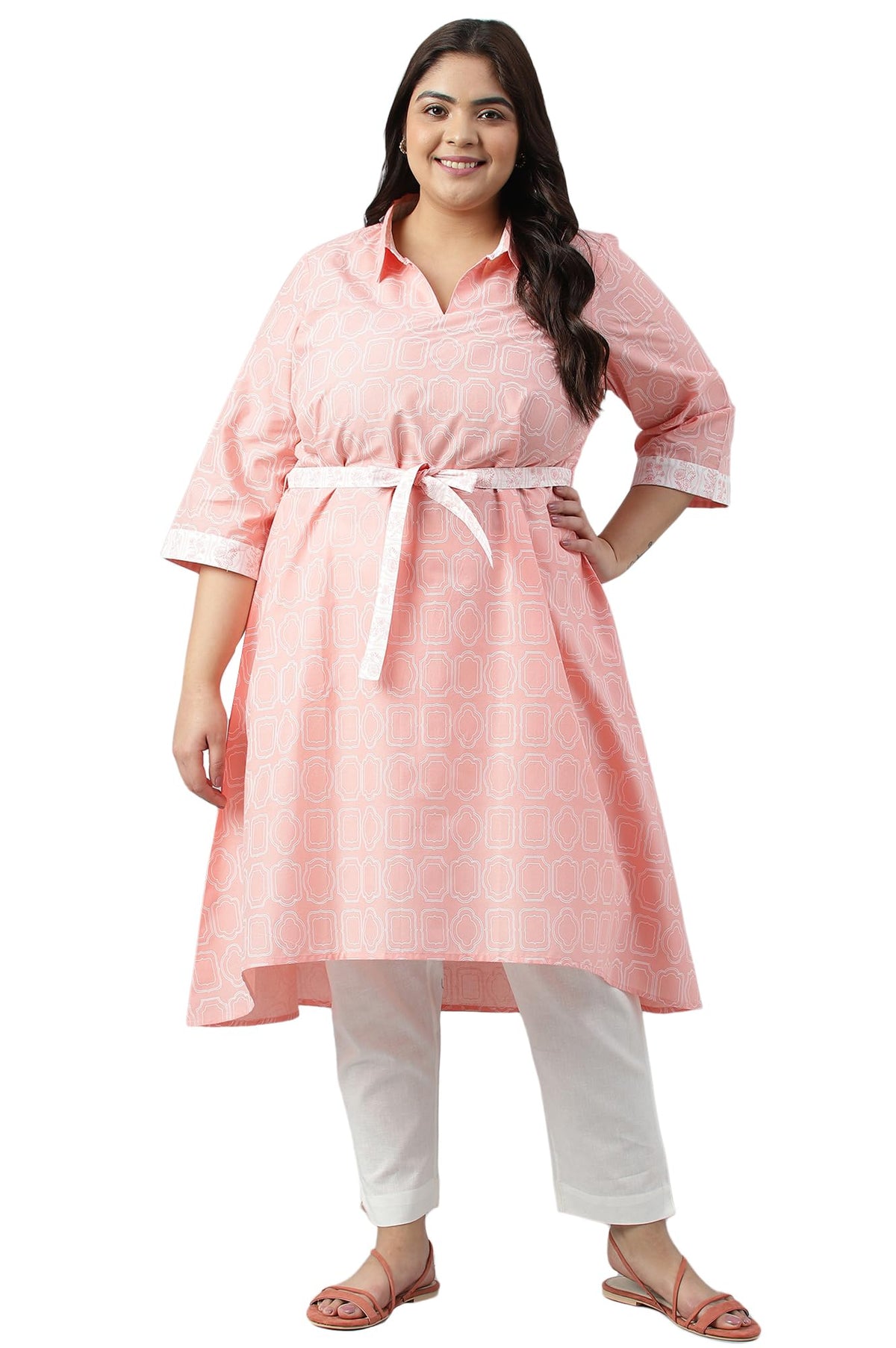 Aurelia Womens Orange Floral Printed Cotton Plus Size Dress With Belt