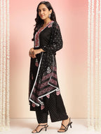 ANNI DESIGNER Women s Rayon Viscose Print Straight Kurta with Pants & Dupatta, Black, 38